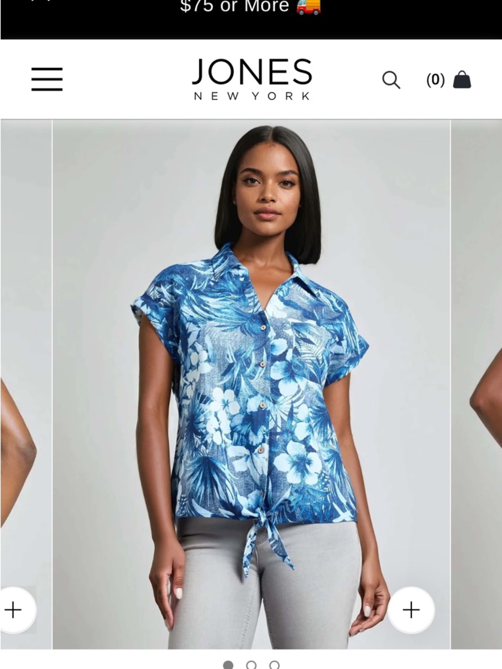 Jones New York Blue Floral Tie-Hem Button Front Shirt